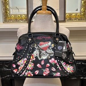 “Ed Hardy” Black and Pink Floral Satchel w/ Charm Details